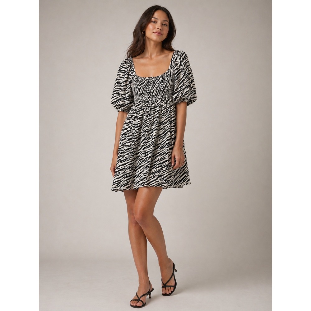 Faithfull The Brand Mini Dress Sz S Zebra Smocked Puff Sleeve Coquette Milkmaid